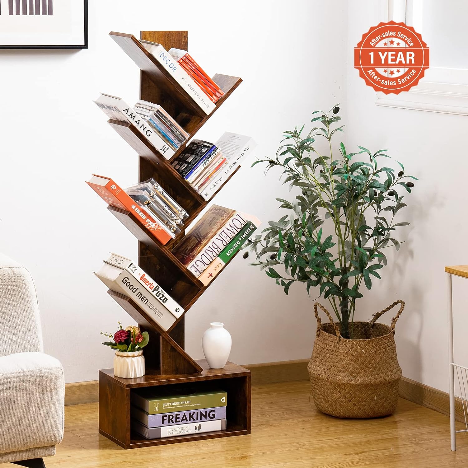 Yoobure Tree Bookshelf - 6 Shelf Retro Floor Standing Bookcase