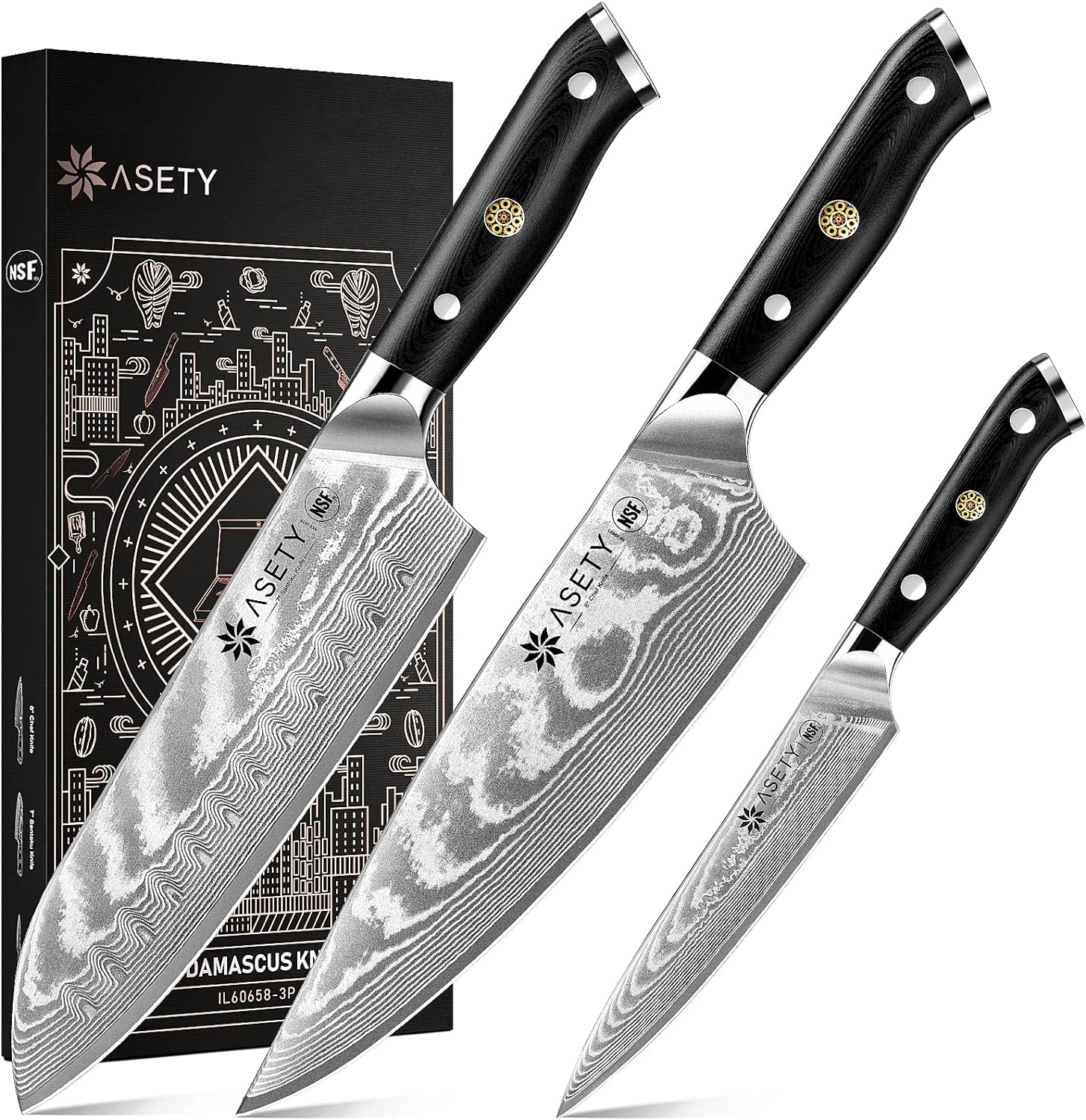 Damascus Knife Set 3 PCS, NSF Food-Safe Japanese Kitchen Knife Set with VG10 Steel Core